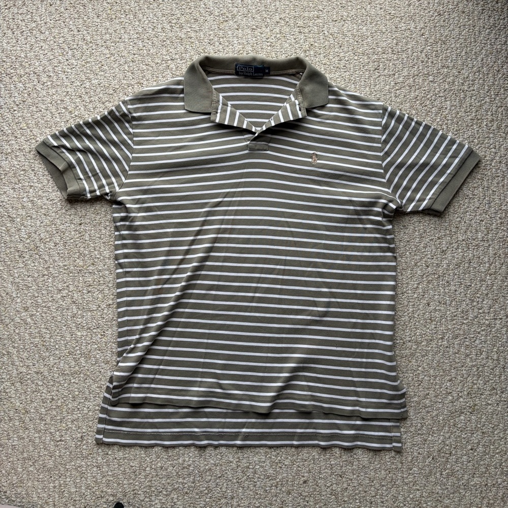 Vintage Polo by Ralph Lauren Olive and White Striped Polo Shirt. Size Medium.